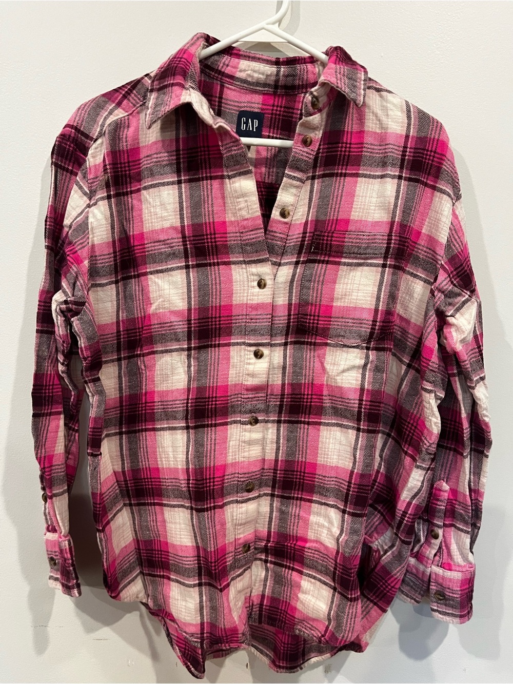 GAP Women’s Pink and Brown Plaid Flannel Shirt